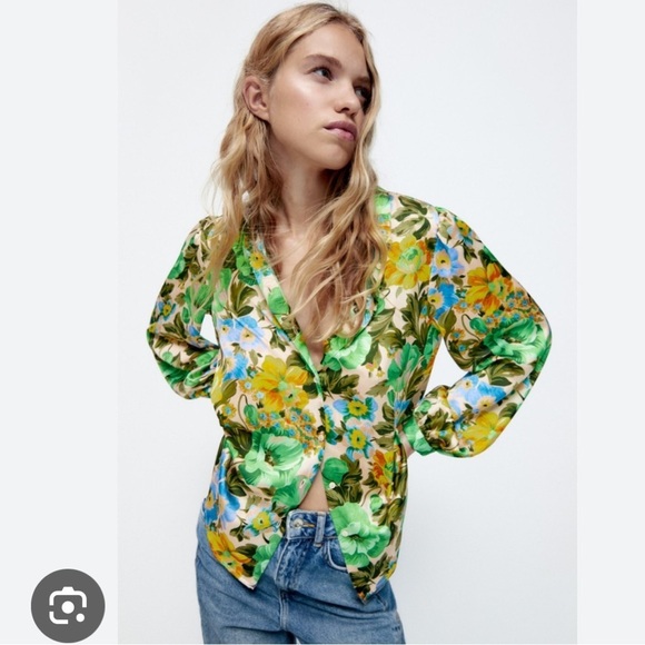 Zara Floral Colorful Peasant Balloon Sleeve Button Down Blouse - Picture 1 of 9